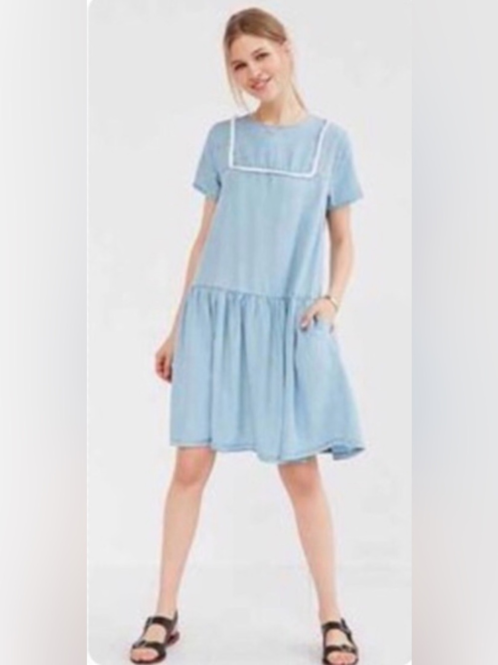 LITTLE WHITE LIES Sz XS Chambray Dress Drop Waist Frayed Accent Ruffle Skirt NEW